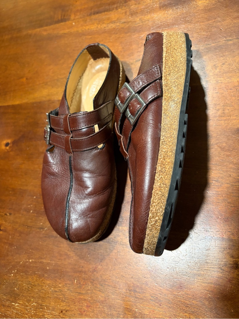 Brown Leather Haflinger Slip-On Clog with Dual Buckle Straps